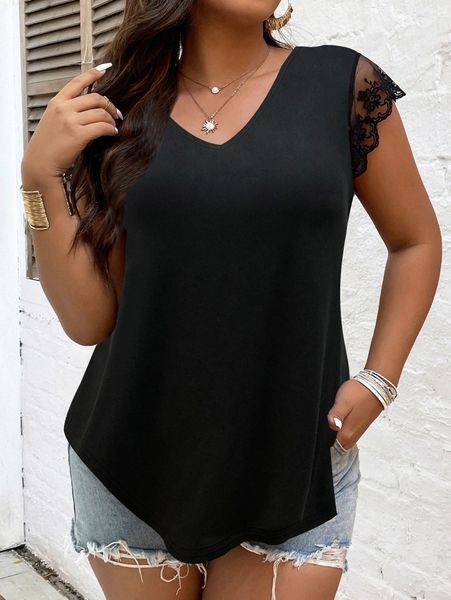 

plus contrast lace curved hem tee t3ht#, Black