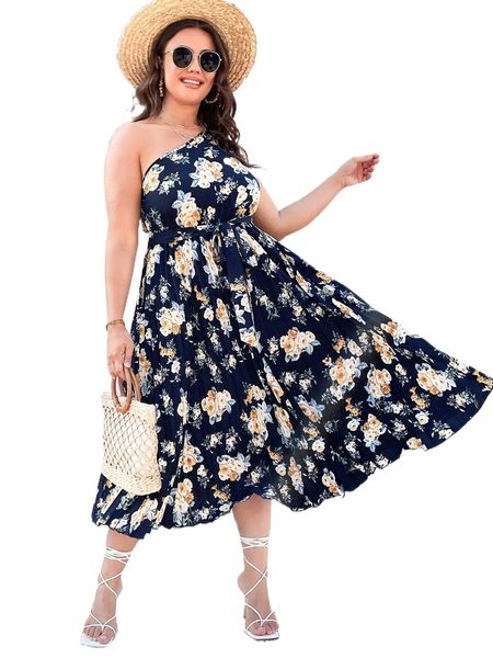 

plus allover floral print one shoulder belted dress 93ny#, Black