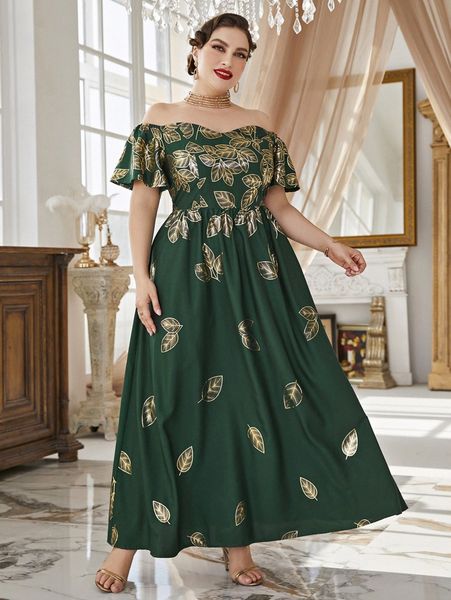 

plus random gold leaf print off shoulder dress u8g1#, Black