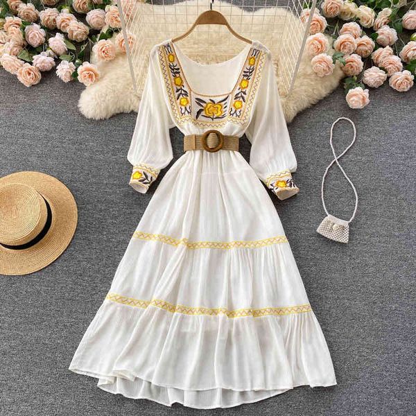 

casual dresses national style french super fairy square collar embroidered dress lace up waist shows thin temperament, versatile long skirt, Black;gray