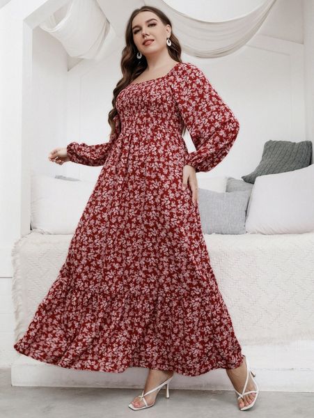 

plus ditsy floral lantern sleeve square neck ruffle hem dress m7uf#, Black