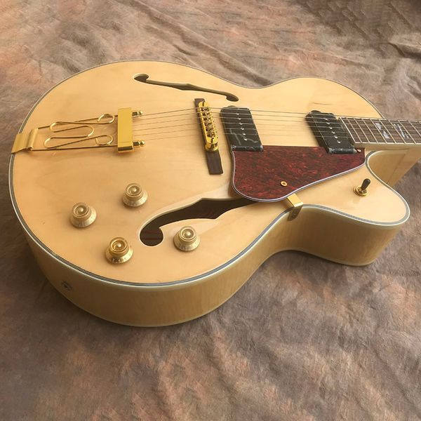 

chinese elctric guitar natrual color famle maple hollow body jazz gold hardware