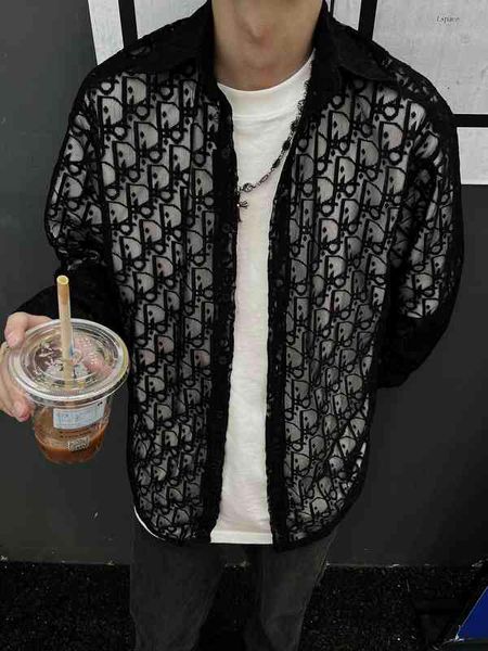 

men's casual shirts correct version summer hollow jacquard lace shirt sunscreen sweater knitted cardigan unisex, White;black