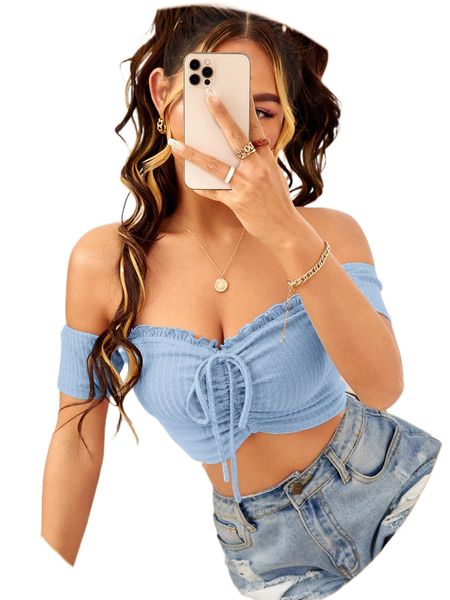 

off shoulder frill trim tie front crop 662z#, White