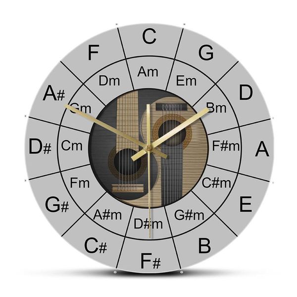 Acordes de guitarra yin e yang music relógio de parede acústico bass guitar círculo de quinto gráfico de parede de parede relógio baixista de baixista presente