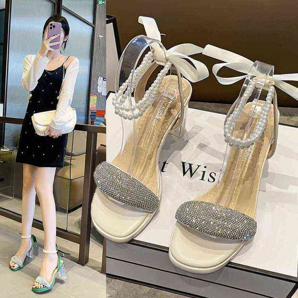 

designer women's high heel sandals sandals 2022 summer fairy style pearl temperament white one-sided open toe high heels, Black