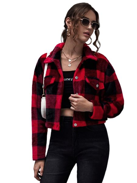 

collared buttoned front buffalo plaid jacket b6cv#, Black;brown