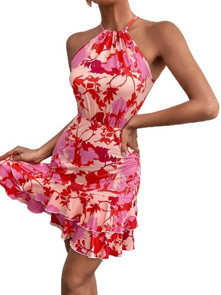 

floral print layered hem halter dress e3vr#, Black;gray