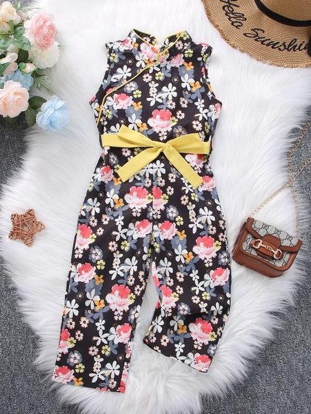 

toddler girls floral print contrast piping belted jumpsuit she, Blue