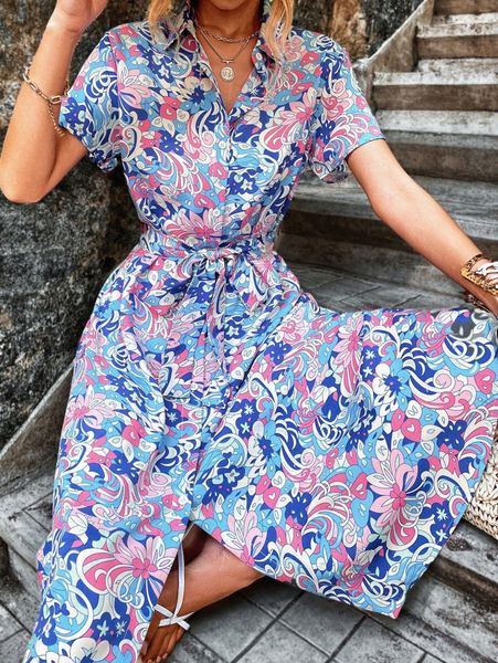 

allover floral print belted shirt dress p7li#, Black;gray