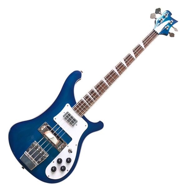 4 Strings Blue Electric Bass Guitar com duas tomadas, braço de pau -rosa, pickguard branco, personalizável