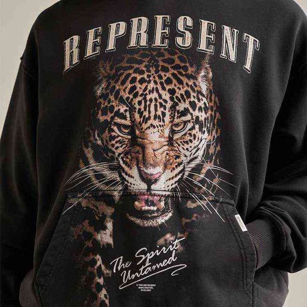 

21fw present leopard animal print used hoodie street loose pullover men's fashion, Black