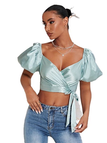 

sweetheart neck tie side satin blouse 603a#, White