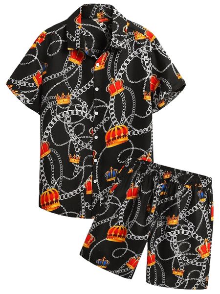 

men chain & crown print shirt & drawstring waist shorts j6ec#, Gray
