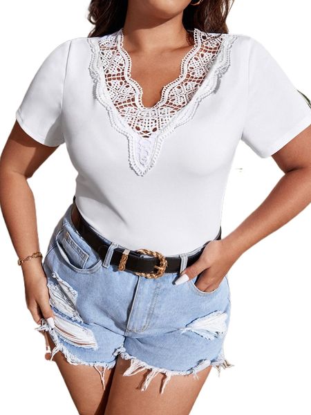 

plus solid guipure lace tee b7nt#, Black