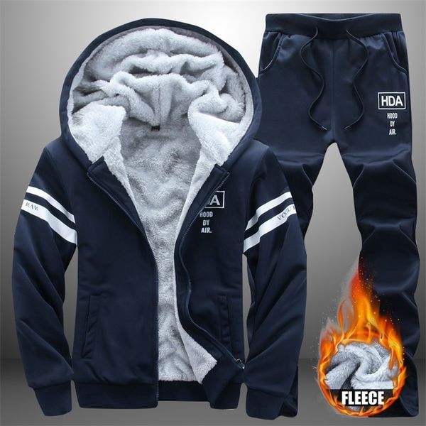 

tracksuit men winter 2020 warm thick hooded jacket set pant printing plus velvet sportswear clothing male sweatshirt lj201125, Gray