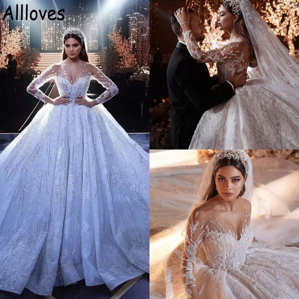 

dubai arabic royal ball gown wedding dresses with long sleeves luxury crystals beading lace princess church bridal dress formal long train c, White