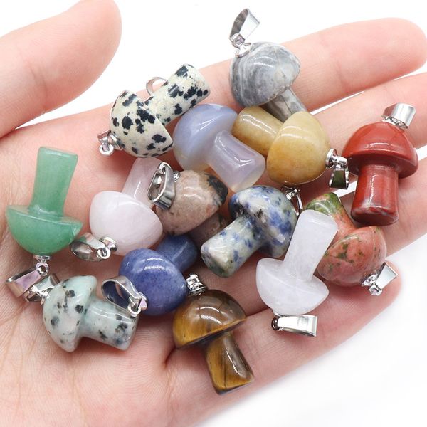 

2cm mini mushroom natural stone carving charms pendant reiki healing crystals rose quartz pendants for necklace jewelry making, Bronze;silver