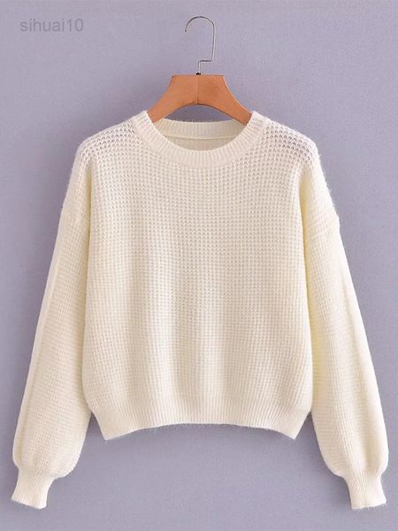 

women 2022 autumn winter sweater solid sweaters fashion long sleeves vintage knitted sweater female comfortable pullov l220725, White
