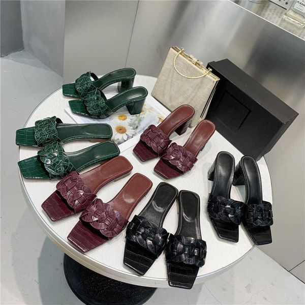 

weave square toe sandals genuine leather high heels summer beach slippersrubber sandal lady flat slipper, Black