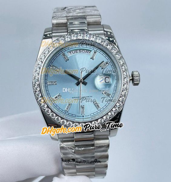 Novo dia Data de 36mm Mens relógios gelo Blue Dial Stick Diamond Marks A2813 Gents automáticos Relógio diamante Presidente da moldura de diamante Bracelet PureTime B265A8