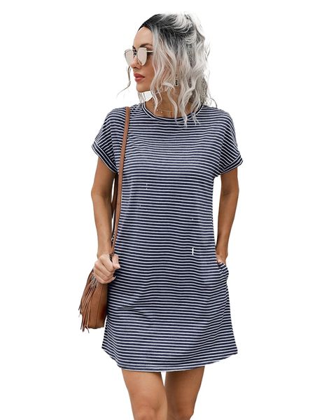 

striped print pocket detail tee dress 14pn#, Black;gray