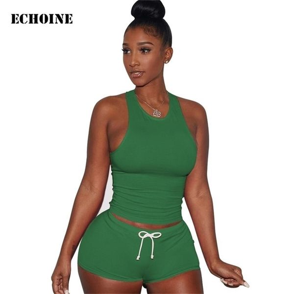 

echoine two piece set crop tank shorts set summer autumn women slim tracksuit sleeveless casual outfit lady clothes t200603, White