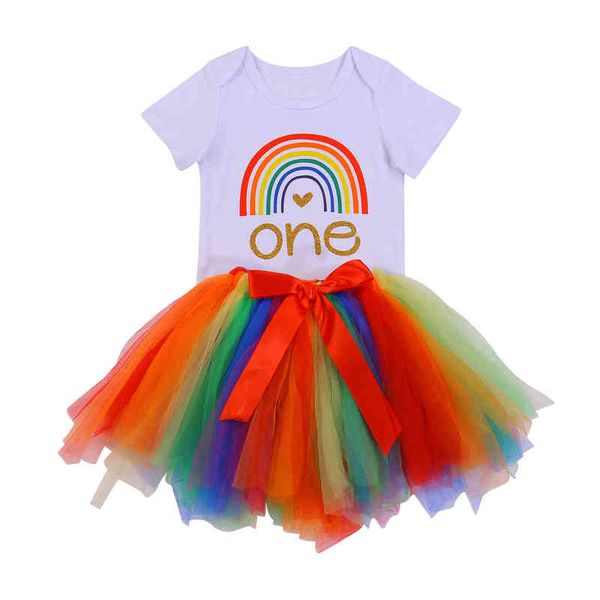 Citgeett Sommer Baby Mädchen Geburtstag Kleidung Sets Brief Strampler Tops Bunte Spitze Röcke Stirnband 3 Stück Kleidung J220711