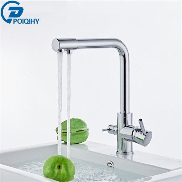 Rubinetto della cucina con acqua purificata cromata Filtro per acqua pura Rubinetto montato sulla piattaforma Gru con doppio manico Miscelatore acqua calda fredda T200805