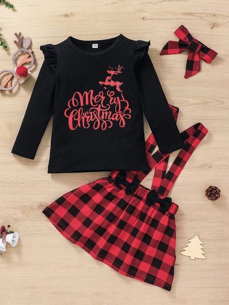 

toddler girls christmas print tee & bow front pinafore skirt with headband she, White