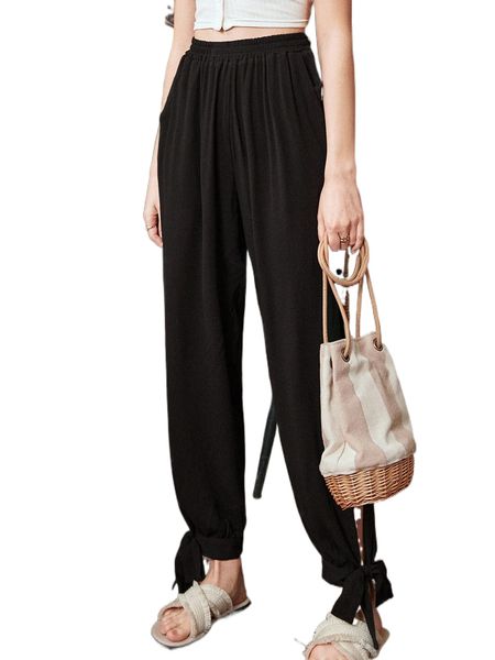 

high waist split knot detail pants c3rp#, Black;white