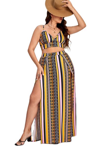 

plus mixed striped cami & split thigh skirt set a945#, Black