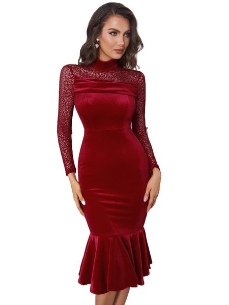 

contrast lace zip back mermaid hem velvet dress i1ds#, Black;gray