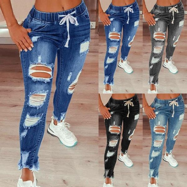 

women's jeans drawstring denim for women stretch ripped broken holes ladies plus size full length pencil pants vaqueros, Blue