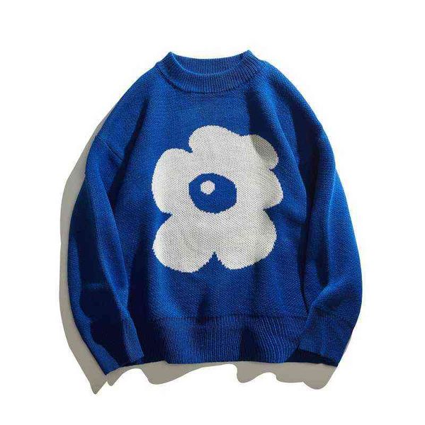 2021 Kpop Floral Jacquard Blau Männer Harajuku Gestrickte Pullover Paare Mantel Casual Frauen Pullover Koreanische Kleidung Sueter Masculino T220730