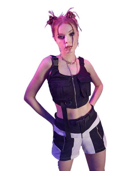 

romwe cyber luvr solid pocket zip up buckle decor tank y6uj#, White