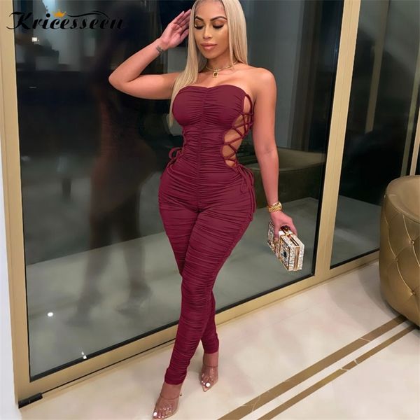 

kricesseen strapless side lace up long pant jumpsuit women overalls bandage skinny bodycon workout stacked rompers 220713, Black;white