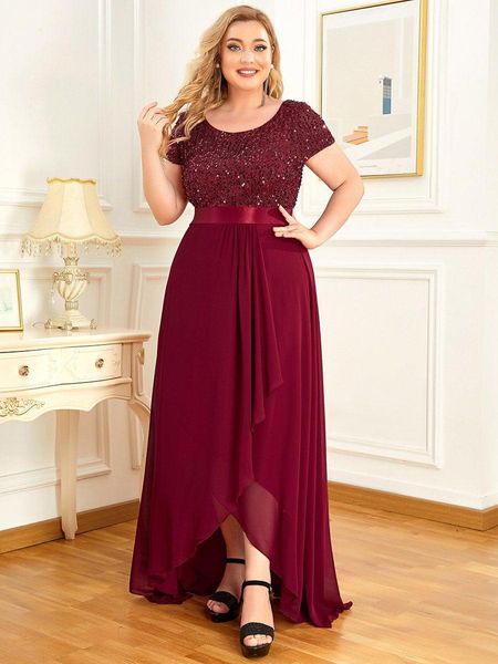 Mangas curtas Chiffon Mãe da noiva Vestidos Lantejoulas Comprimento do Chão Casamento Vestidos de Noite Plus Size