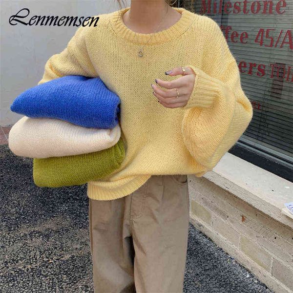 

lenmemsen autumn winter oversized knitted sweater women thick solid o-neck warm jumper femal t220824, White;black