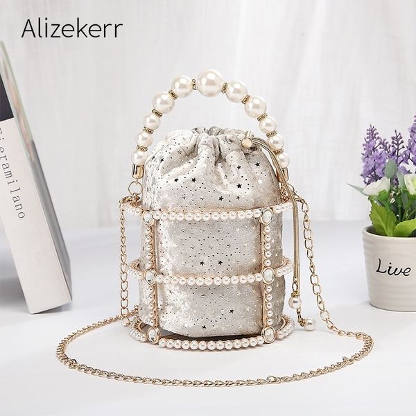 

alloy metallic pearl bucket evening bag women luxury handmade hollow out diamonds beaded dinner handbag ladies clutch bag y201224