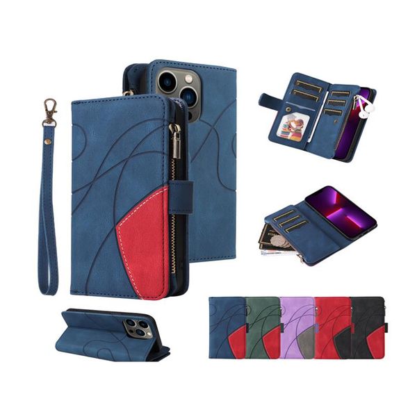 Multifunktionen Reißverschluss Leder Brieftaschenhüllen für iPhone 14 13 Mini 12 11 Pro Max XR XS x 8 7 6 Halter Hybrid Hit Color Flip Cover Photo Card Pocket Business Mobiltelefonbeutel