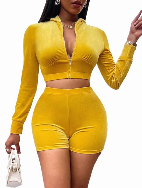 

zip up velvet crop hooded jacket & biker shorts g7vh#, White