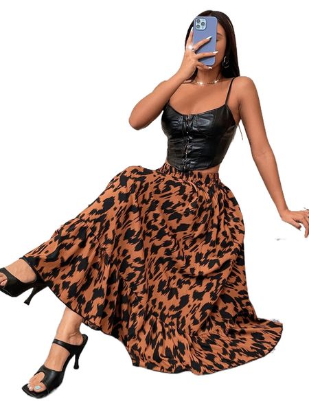 

high waist allover print ruffle hem skirt p03p#, Black