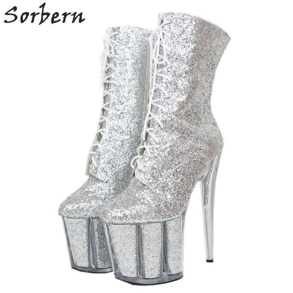 Botas de tornozelo de brilho de prata de Sorbern para mulheres 20cm extrema salto alto dançarino sapatos personalizados cor unisex fetiche botas de fetiche saltos