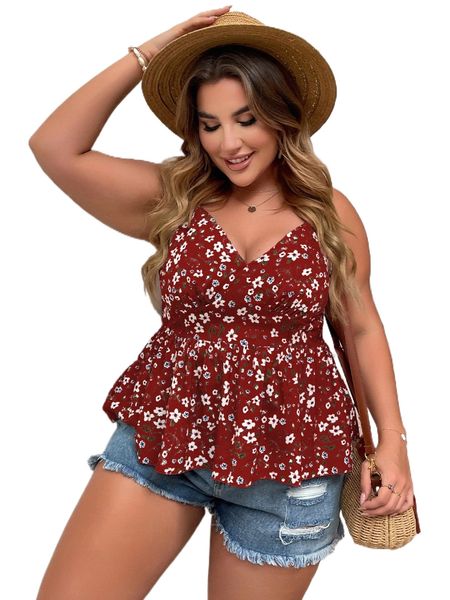 

plus allover floral print shirred cami c5lv#, Black