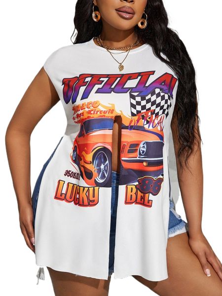 

sxy plus car & slogan graphic tie front tee 158m#, Black