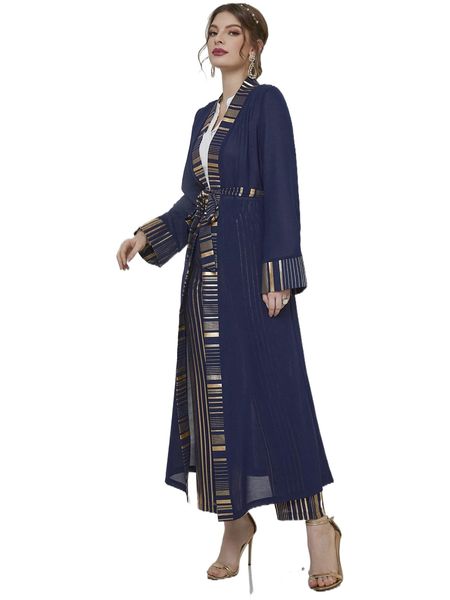 

striped panel belted coat & pants c8ki#, White