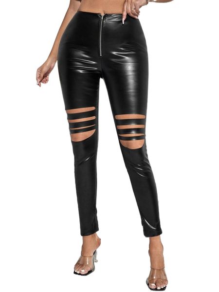 

sxy ripped detail zip fly pu leather pants d0zp#, Black;white