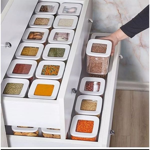 12 PZ Cucina Contenitore per alimenti Contenitore Set Organizer Quadrato Coperchio sottovuoto Barattoli ermetici Dispensa dle Legumi Cereali Riso Pasta 220423