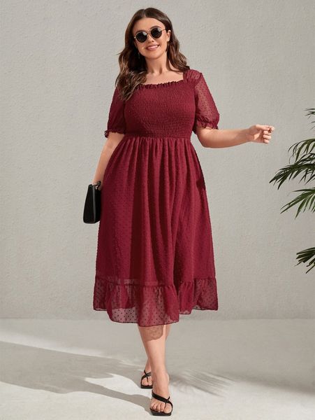 

plus swiss dot shirred frill trim chiffon dress 941p#, Black